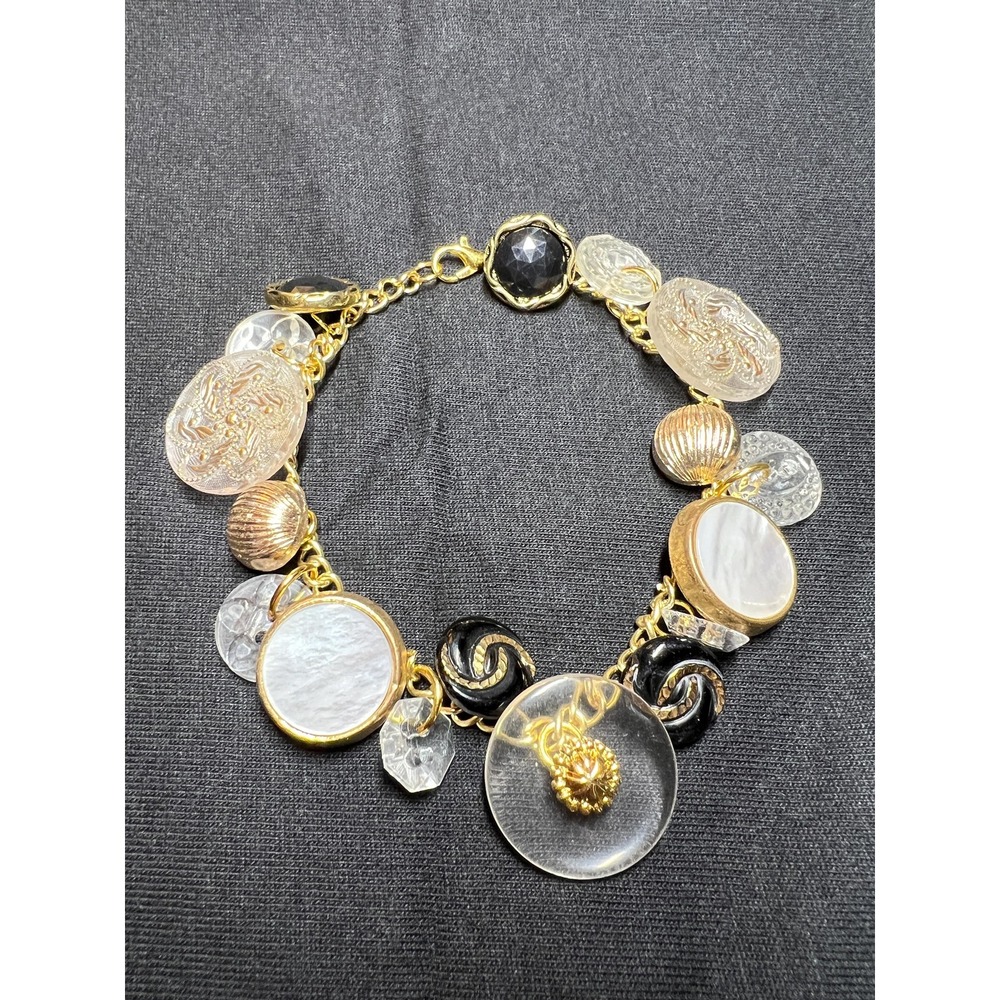 Vintage Button Charm Bracelet: Gold, White, Black and Clear‎ Buttons - 7.5 Inch